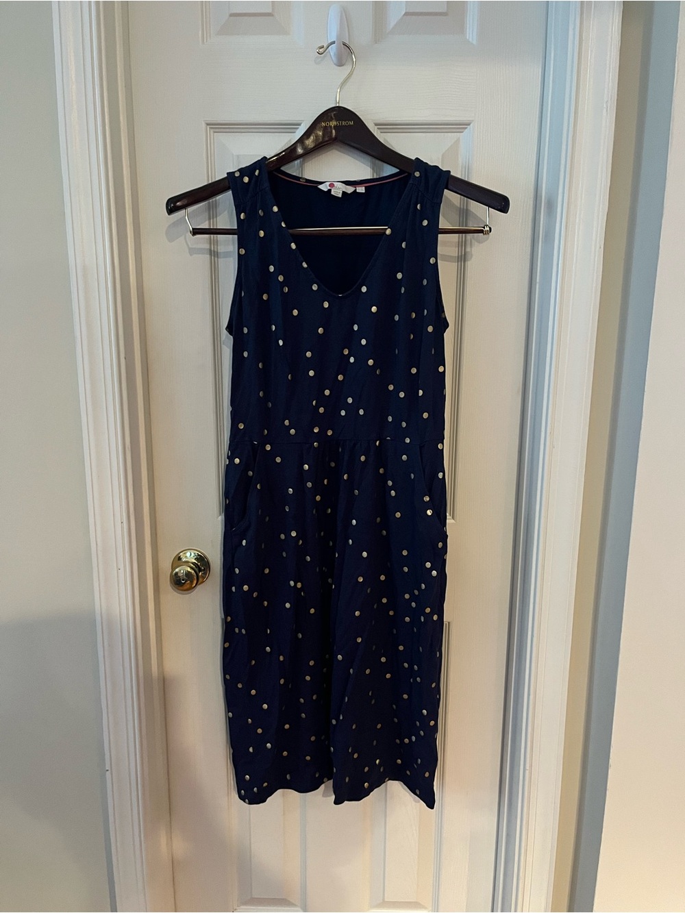 Boden Navy Dress with Gold Polka Dots